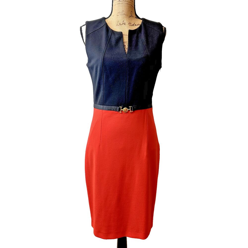 NISSA Women's Black Top & Red Bottom Structured Belted Sleeveless Dress Sz 10